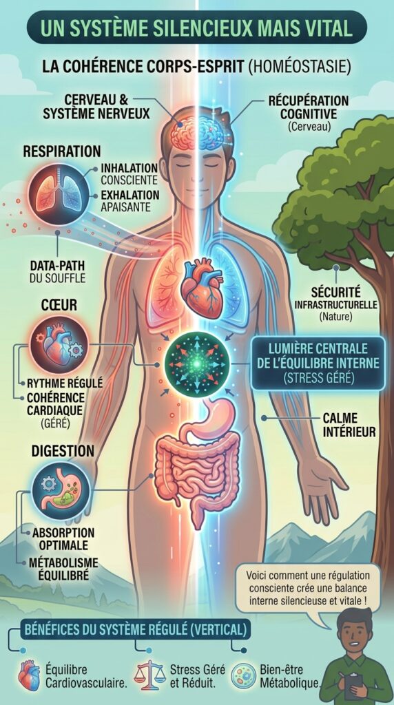 Schéma stylisé du corps humain avec respiration, cœur et digestion représentés par des icônes lumineuses, balance interne symbolisée par une lumière centrale, style pédagogique moderne.