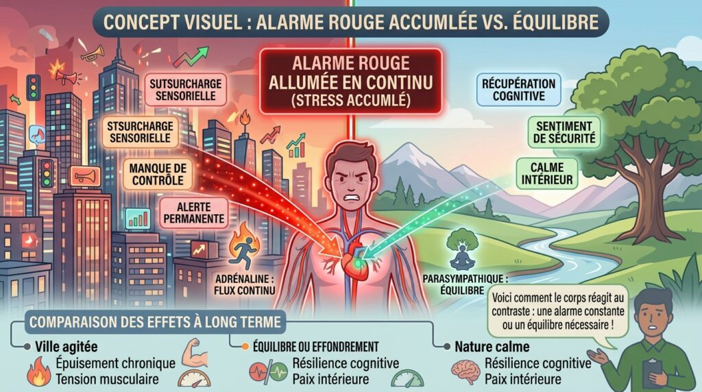 Concept visuel : alarme rouge allumée en continu, silhouette humaine tendue, contraste visuel entre côté gauche (ville agitée) et côté droit (nature calme), style moderne et clair.