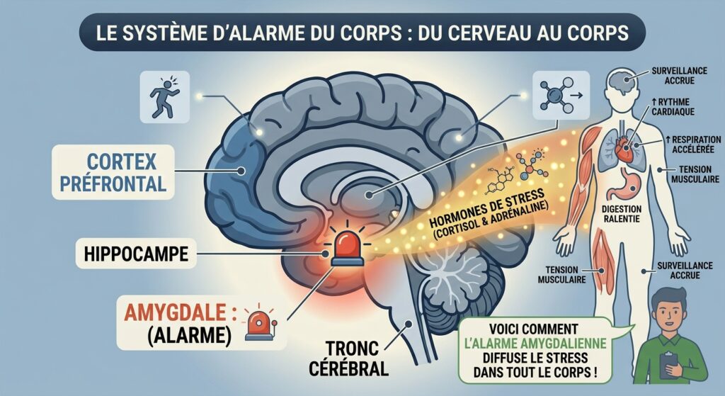 Illustration pédagogique d’un cerveau stylisé, amygdale représentée comme une alarme rouge, particules lumineuses se diffusant vers le corps, style moderne et clair.