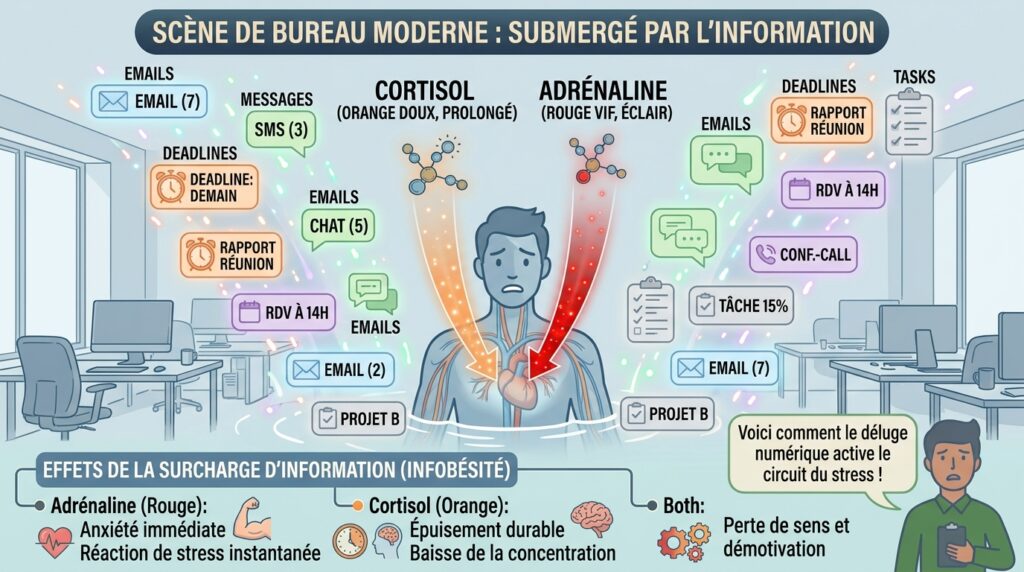 Scène de bureau moderne avec pluie de notifications flottantes (emails, messages, deadlines), silhouette humaine stylisée submergée, ambiance pédagogique, couleurs pastel mais contrastées.