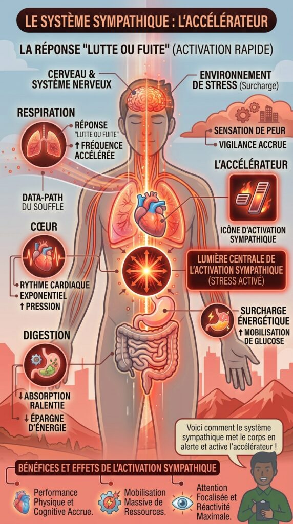 Icône d’accélérateur lumineux, silhouette humaine avec cœur et poumons en surbrillance, couleurs dynamiques (rouge, orange), style infographique clair.