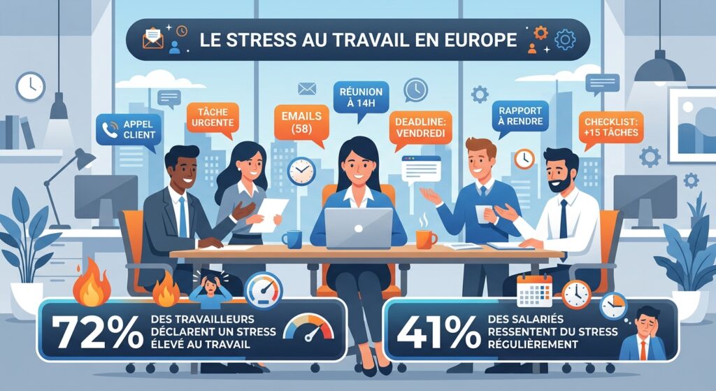 travailleurs européens entourés de notifications flottantes (emails, deadlines, réunions), chiffres visibles : “72 % stress élevé”, “41 % stress régulier”,