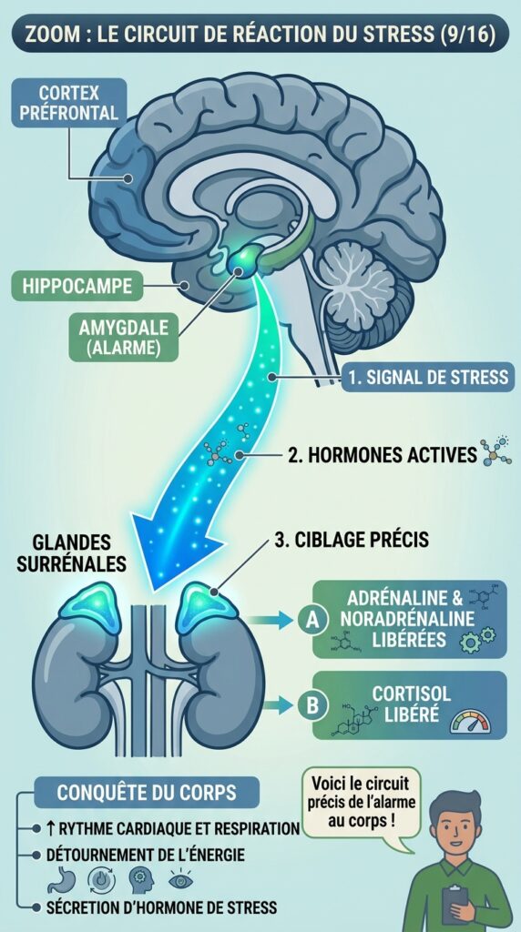 Schéma clair montrant le cerveau avec une flèche lumineuse descendant vers les glandes surrénales, style infographique moderne, couleurs bleu/vert apaisantes.