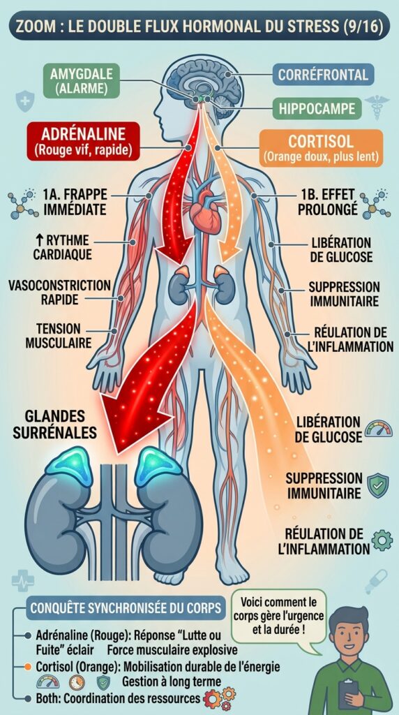 Infographie pédagogique montrant deux flux lumineux : adrénaline (rouge vif, rapide) et cortisol (orange doux, plus lent), circulant dans un corps stylisé, ambiance scientifique claire.