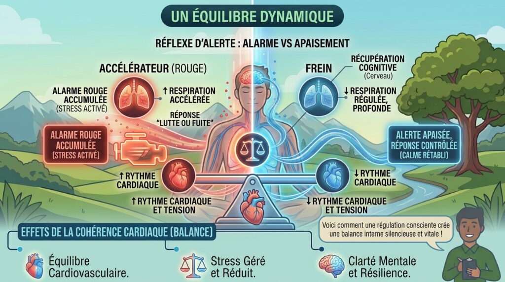 Balance stylisée avec deux côtés lumineux : rouge (accélérateur) et bleu (frein), oscillation douce, style moderne et pédagogique.